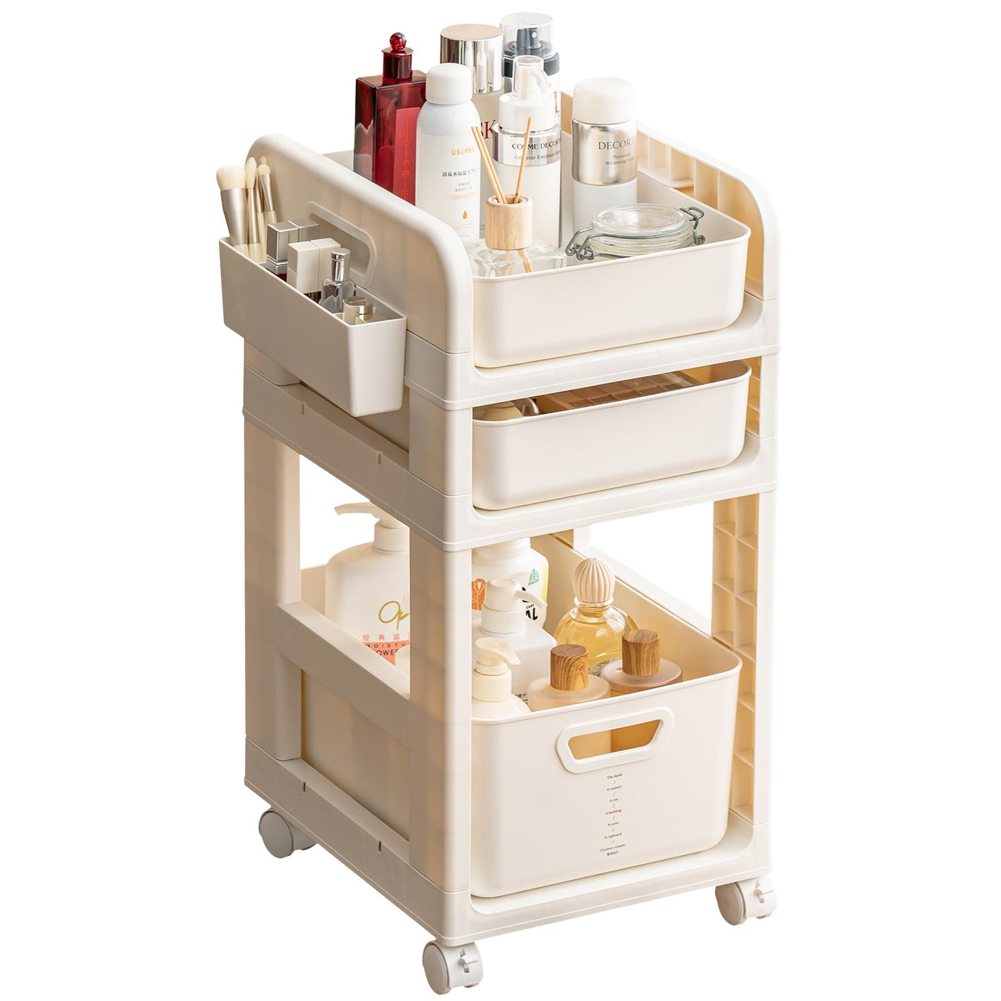 Rolling Makeup Organizer Cart with Removable Drawer, 3 Tier Stable White Floor Skincare Storage Cart for Vanity, Cosmetic Display, Nail Polish, Perfume, Hair Stuff, Beauty, Bathroom (3 Tier White)