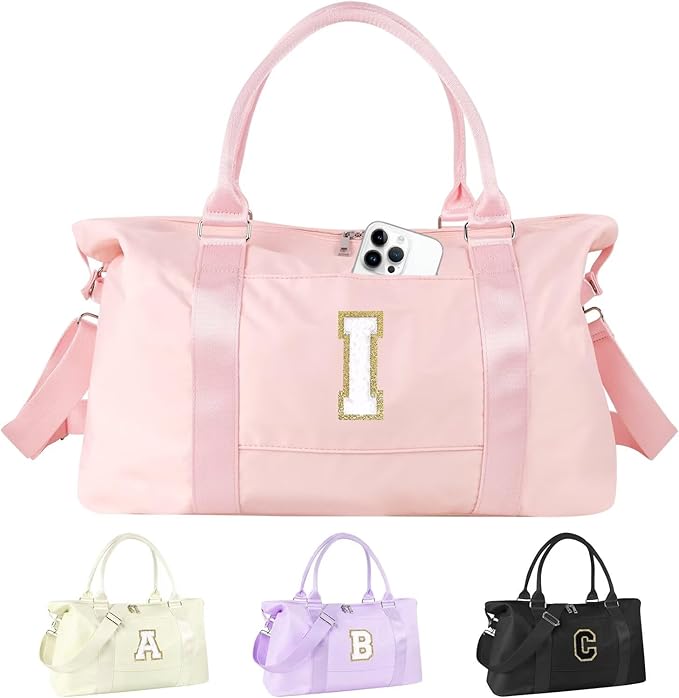 Dance Gym Duffel Bag for Teen Girls, Personalized Initial Travel Weekender Bag,Cute Overnight Carry On Duffle for Women,Sports Travel Cheer Bag,Monogram Christmas Gifts for Tween Preppy(pink-I)