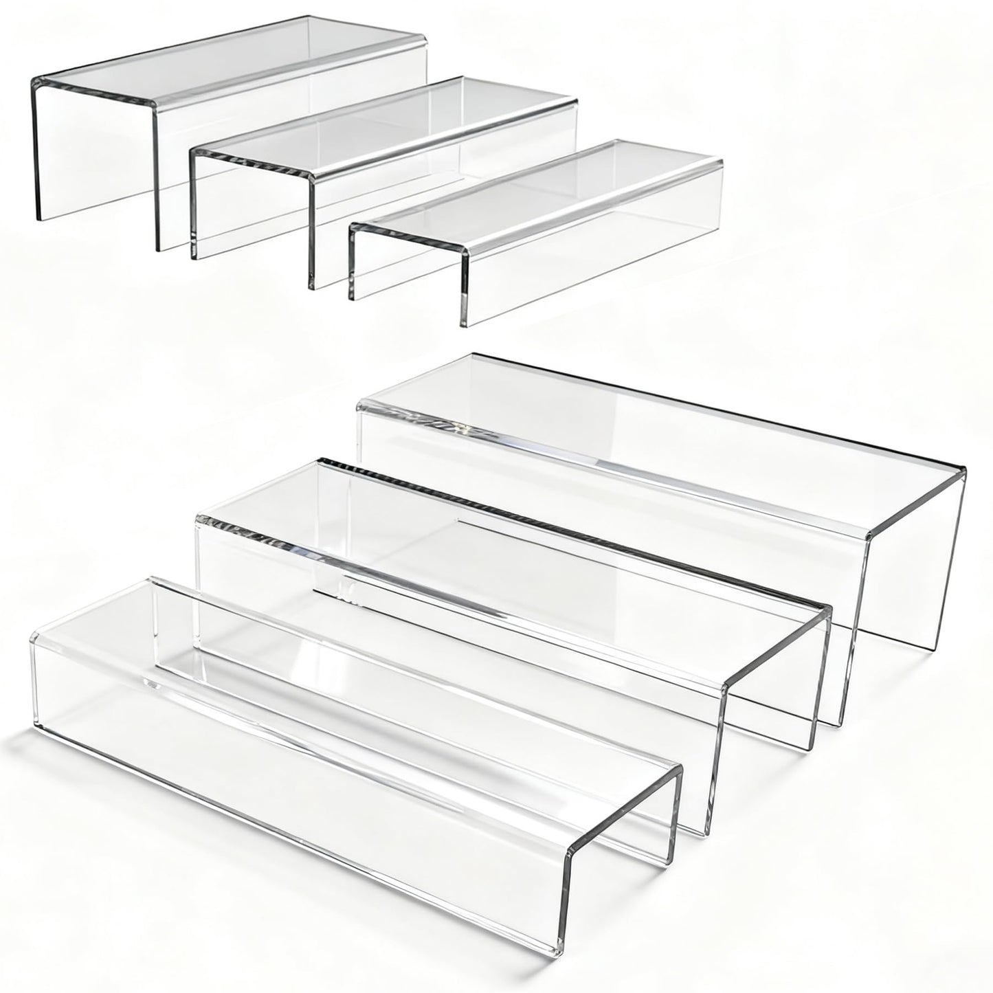 MerryNine Acrylic Risers, 6 Pcs 2 Set 8.6”L Clear Display Stand, Rectangular Acrylic Display Risers, Transparent Pop stand for Cupcakes, Figures, cosmetics, Retail, Shoe Showcase, Collectibles Display