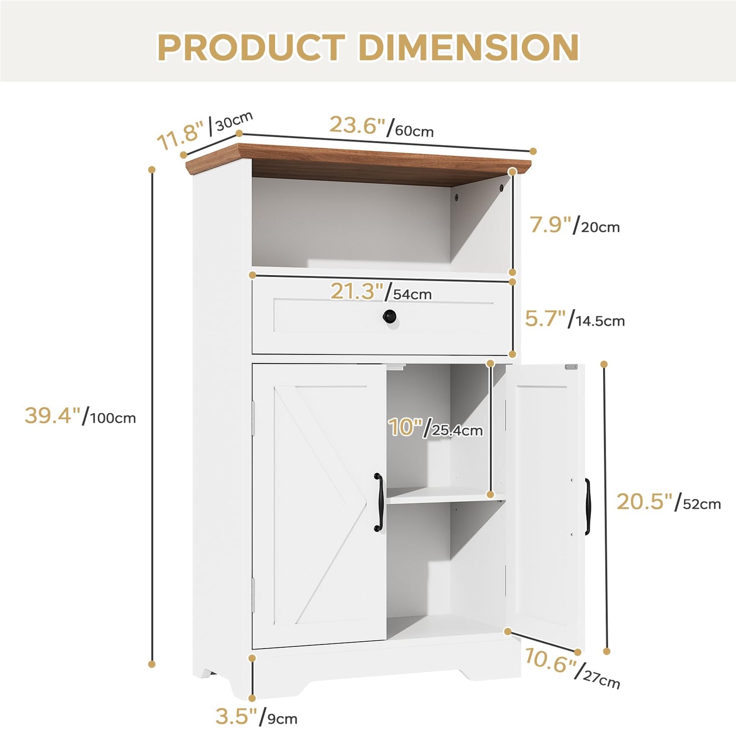 Viroformo Floor Cabinet, Farmhouse Storage Cabinet with Barn Doors and Drawer, 11.81" D x 23.62" W x 39.37" H White Freestanding Adjustable Shelf Organizer for Bathroom, Kitchen, Living Room