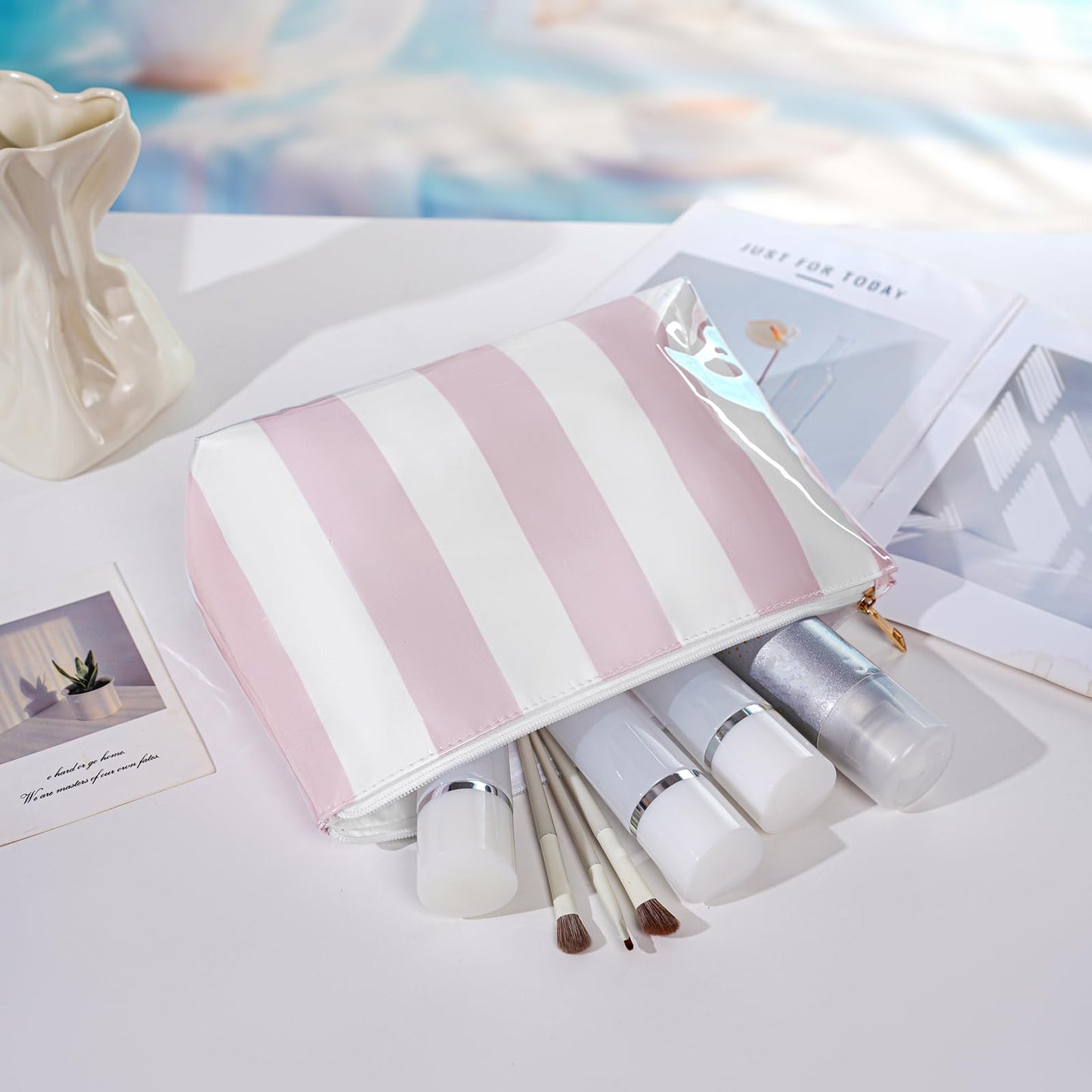 Large PVC Waterproof Striped Makeup Bag,Clear Coated Cosmetic Bags,Easy to Clean,Travel Organizer Zipper Pouch Beach Vacation Essentials for Women Girls(01Pink)