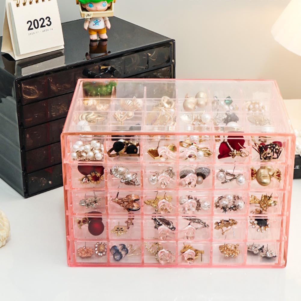 YUFONG Earring Storage Box Organizer, Acrylic Jewelry Storage Box Holder 5 Drawers Transparent Jewelry Display Stand with 120 Small Compartments Gift Boxes for Women Girls (Clear Pink)
