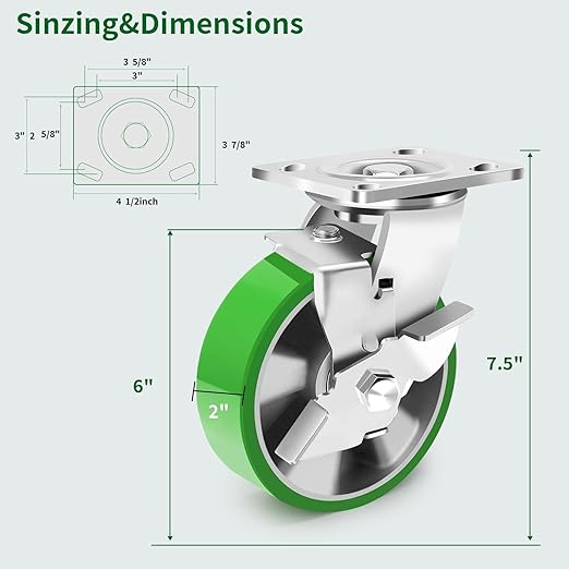 6 Inch Industrial Swivel Casters with Brake (2 Pack), Heavy Duty Industrial Grade Caster, Maintenance-Free Aluminum Core PU Wheels 2500 LBS, Durable Casters Wheels for Industrial, Machine