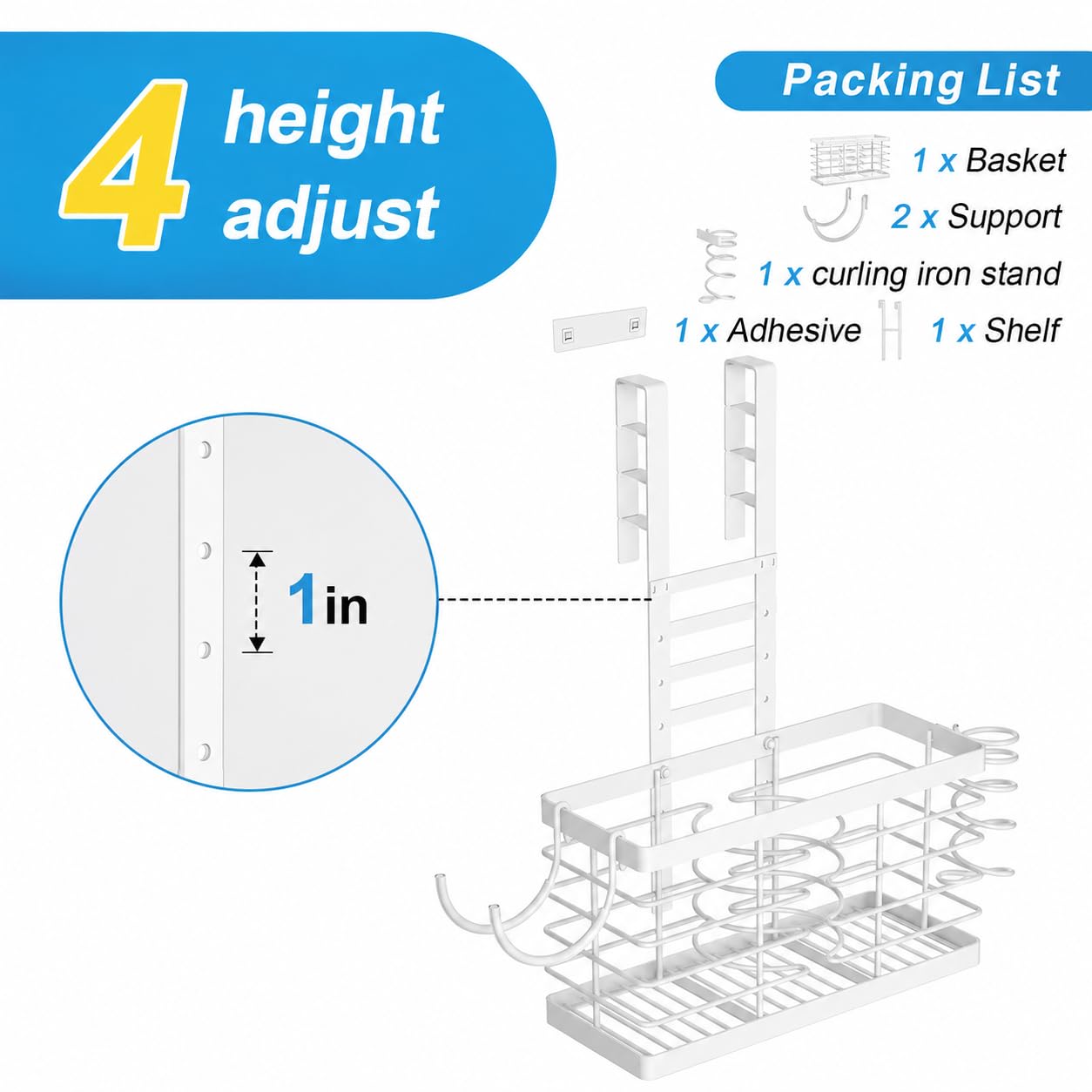 Sevenblue Hair Tool Organizer, 2026 Upgraded 3-in-1 Universal Hair Dryer Holder, Adjustable Height Metal Blow Dryer Holder Wall Mounted/Over Cabinet Door, Bathroom Organizer and Storage(White)