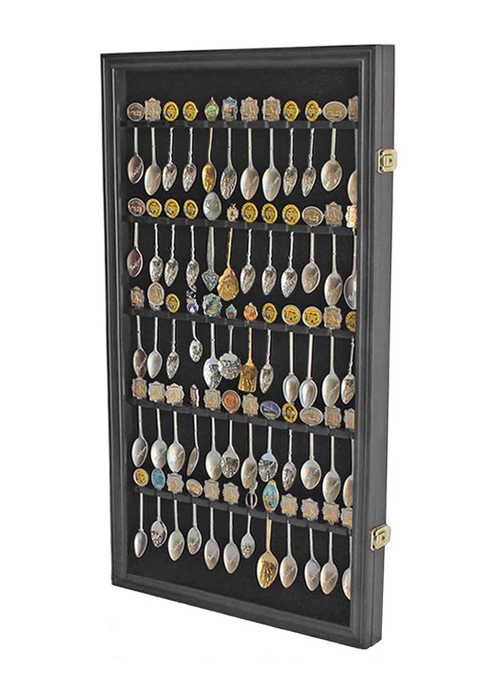DisplayGifts 60 Souvenir Spoon Tea Spoon Display Case Rack Holder Wall Cabinet Frame, UV Protection, Lockable Door (Black Finish)