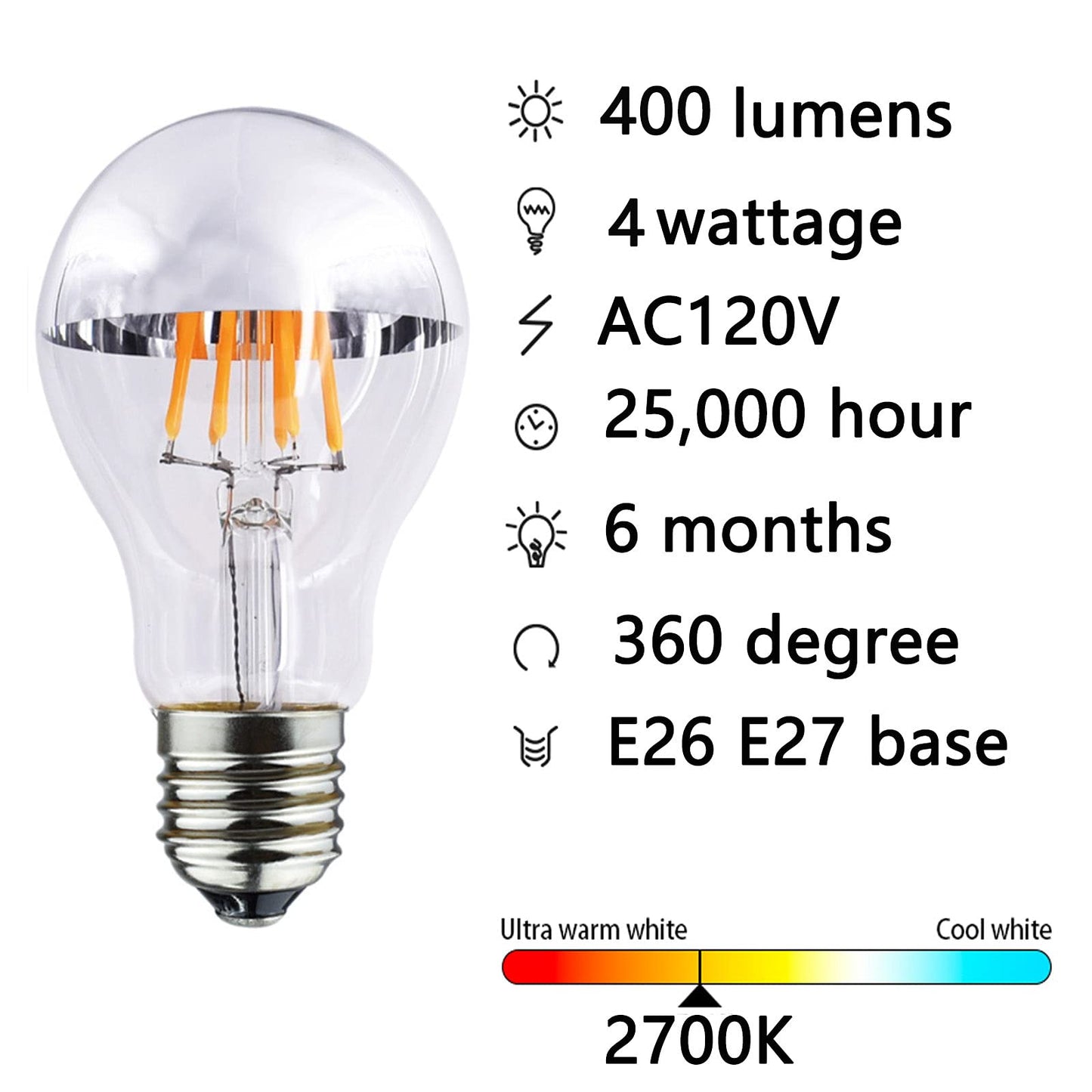A19 Silver Half Chrome Light Bulb Dimmable 4W (Equivalent 40 Watt) LED Edison Bulb A60 Half Silve Dipped LED Bulb Globe Shape 2700K Warm White Decorative Mirror Light Bulb CRI 90+ E26 Base