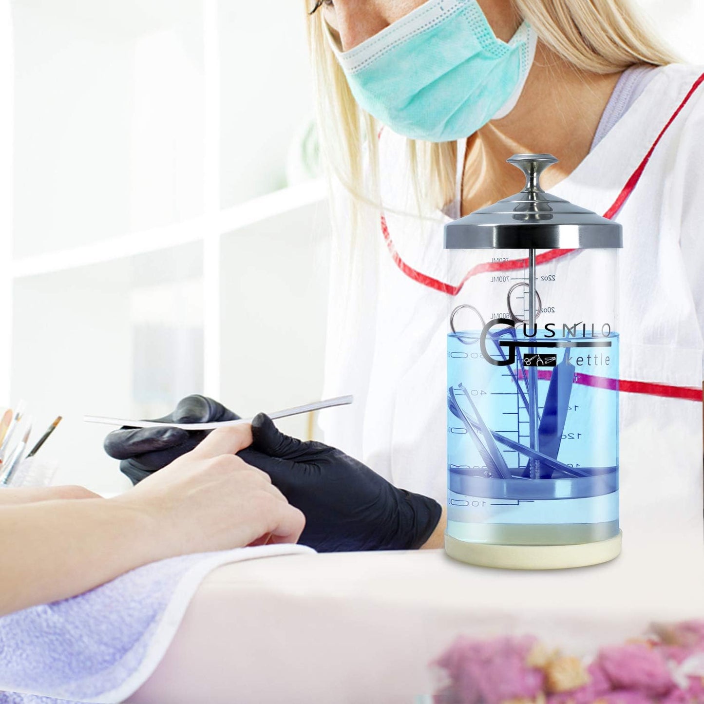 Gusnilo Barber Sanitizer Jar (30 Oz) with Stainless Steel Tray – Ideal for Spa, Salon & Nail Tools
