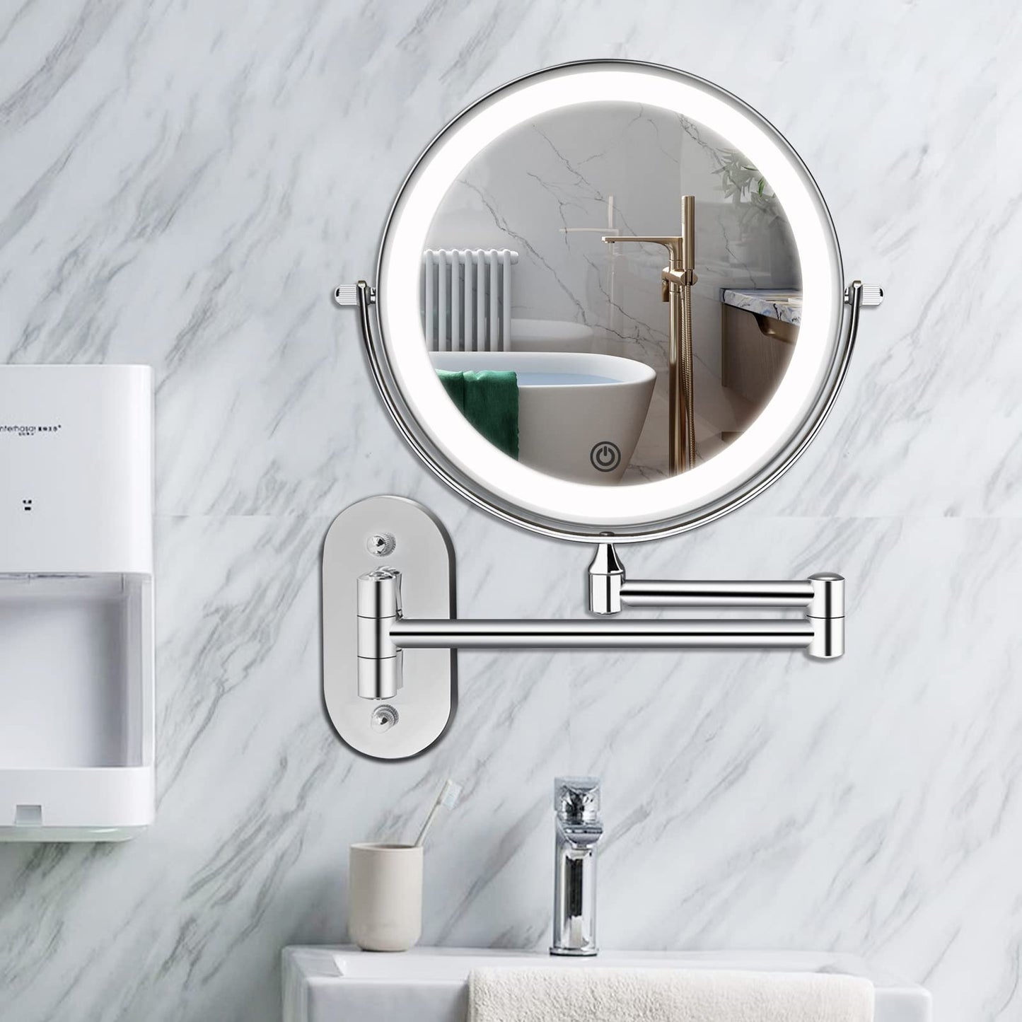 Rechargeable Wall Mounted Lighted Makeup Vanity Mirror 8 inch 1X/20X Magnifying Bathroom Mirror with 3 Color Lights, Double Sided with Dimmable LED Lights, Extended Arm 360° Swivel Extension Mirror
