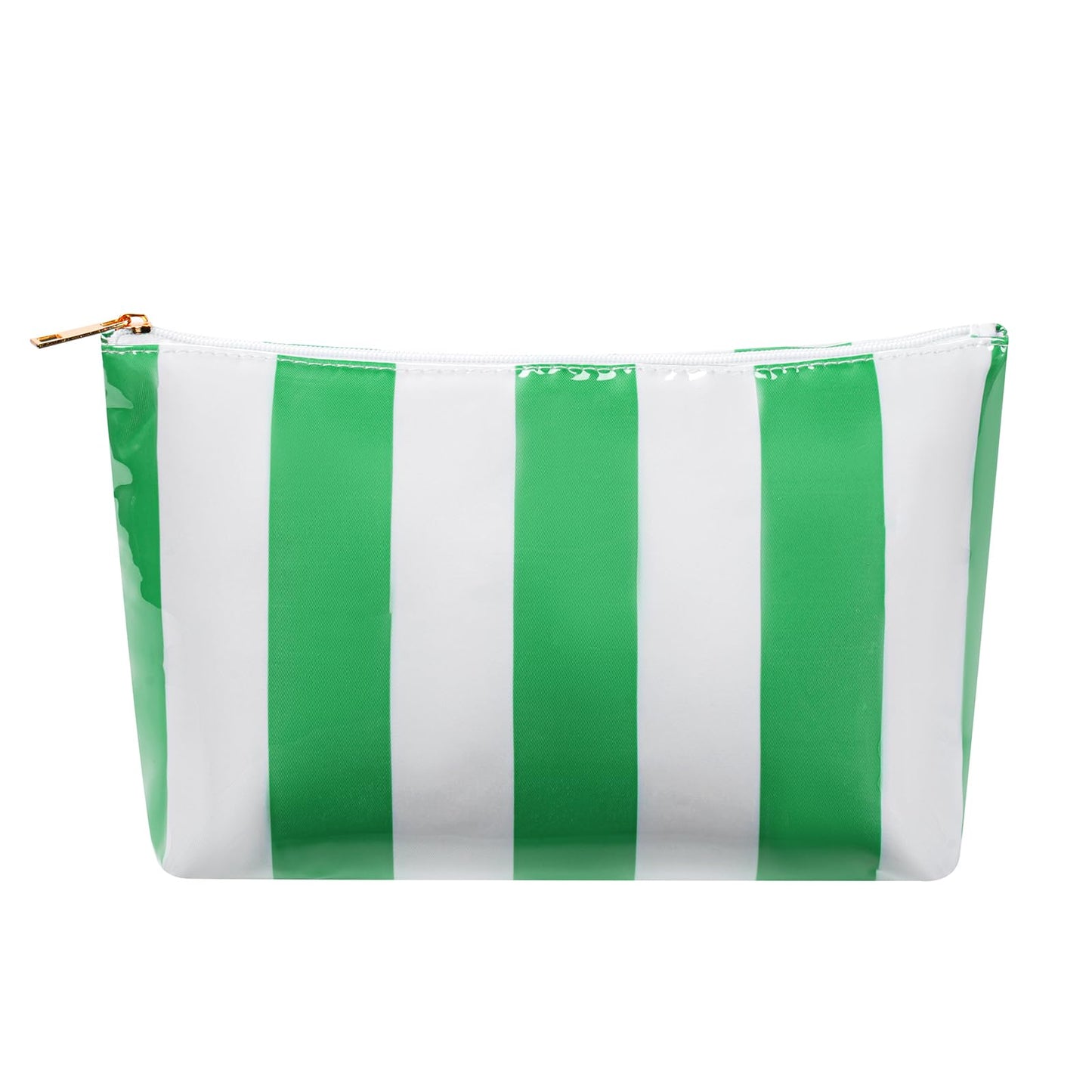 Large PVC Waterproof Striped Makeup Bag,Clear Coated Cosmetic Bags,Easy to Clean,Travel Organizer Zipper Pouch Beach Vacation Essentials for Women Girls(03Green)