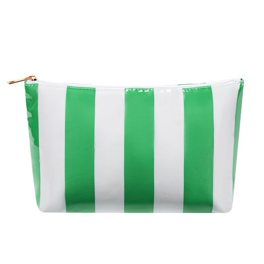 Large PVC Waterproof Striped Makeup Bag,Clear Coated Cosmetic Bags,Easy to Clean,Travel Organizer Zipper Pouch Beach Vacation Essentials for Women Girls(03Green)