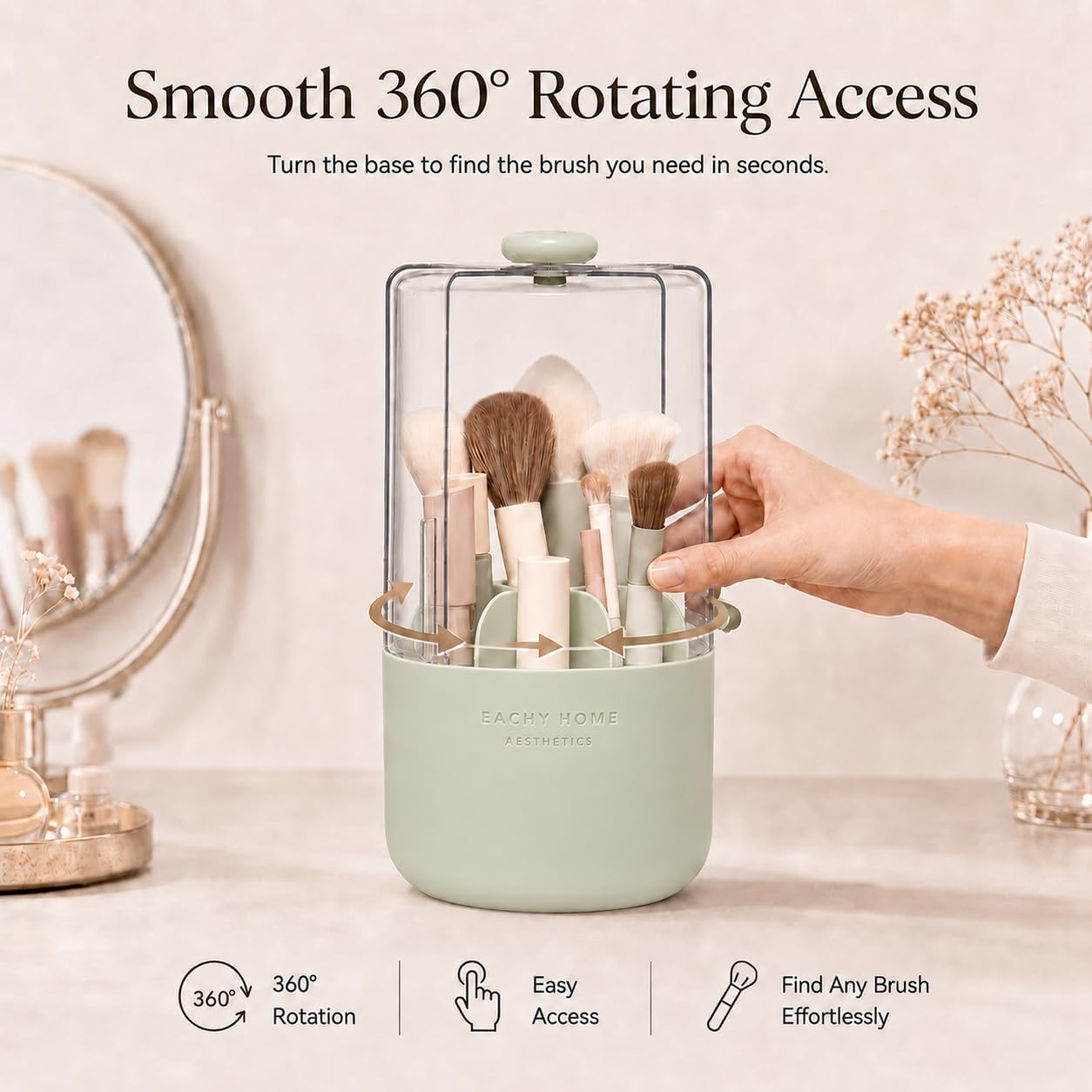 EACHY Makeup Brush Holder with Lid, 360° Rotating Vanity Organizer for Brushes, Dustproof Cosmetic Display Case, 7 Compartments, Waterproof Plastic (Green)