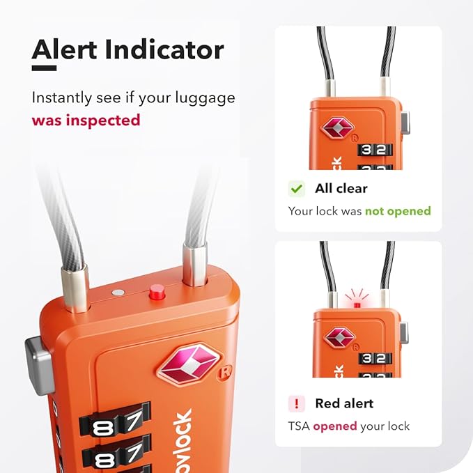 TSA Approved Luggage Locks | Inspection Indicator, 4-Digit Combination, Durable Zinc Alloy | for Suitcases, Backpacks, Travel Bags | Orange, 4-Pack