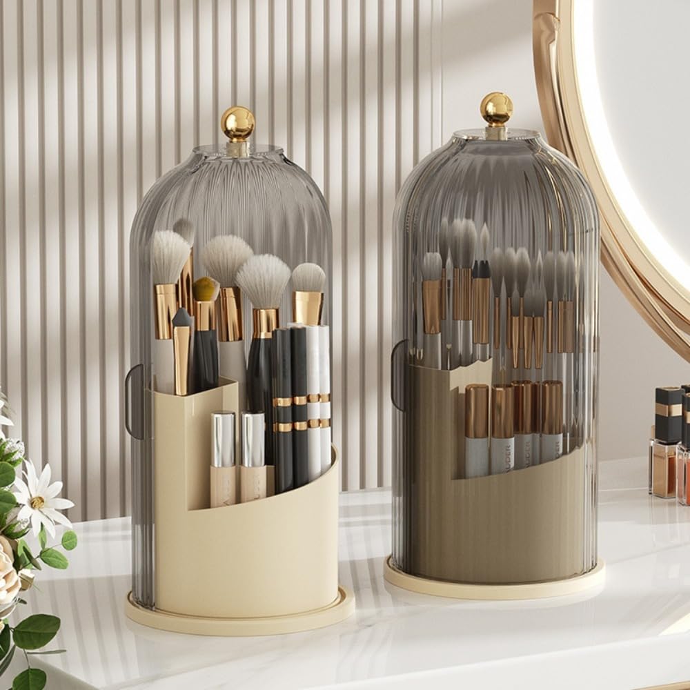 Rotating Makeup Brush Holder with Clear Lid – 360° Makeup Brush Organizer for All Brush Sizes, Durable Dustproof Storage Stand with Large Capacity, Easy to Clean, No Assembly (Milk yellow/transparent)
