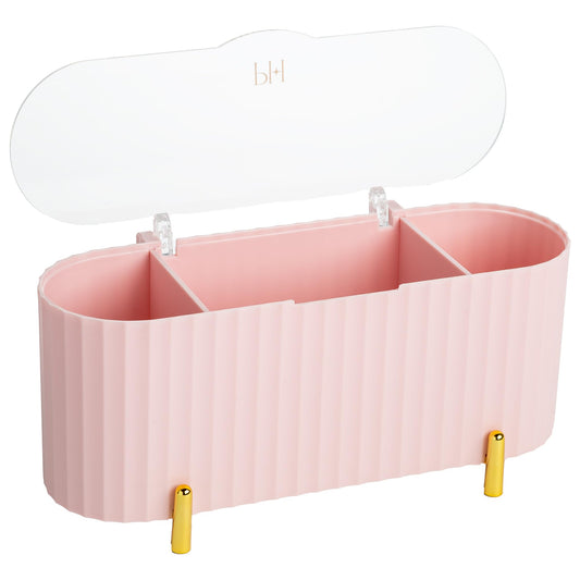 Paris Hilton Makeup & Storage Organizer with Lid, Customizable 3-Compartment Tray, Elegant Ribbed Design, Compact & Durable, Pink