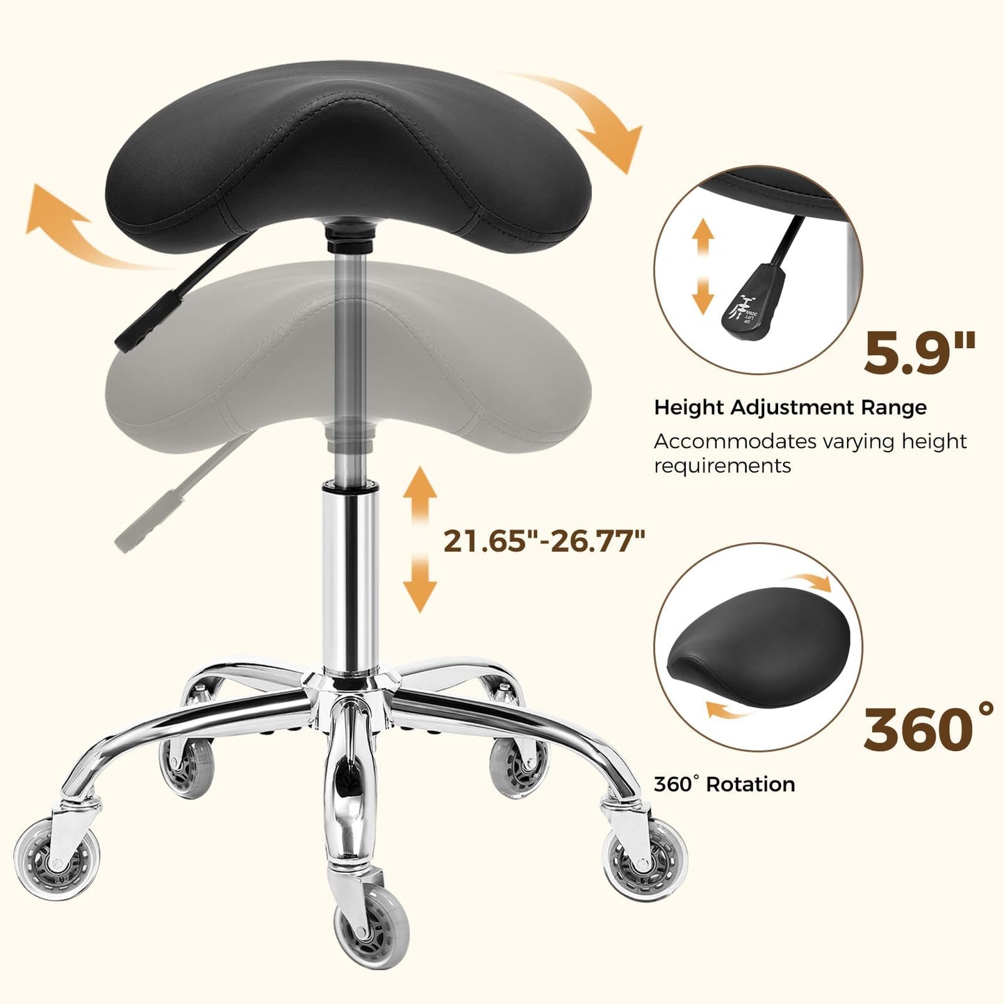 BEWISHOME Ergonomic Saddle Stool, Height-Adjustable Rolling 360° Swivel Saddle Chair with Thickened Saddle Seat Padding, Saddle Stool with Wheels for Salons, Spas, Office, Black BMD02B