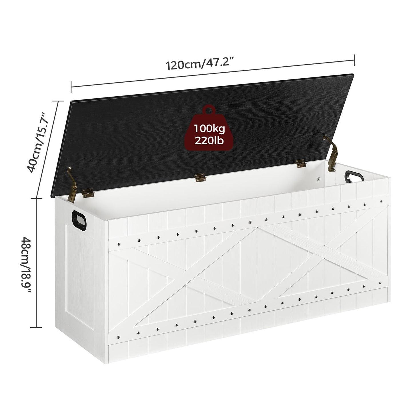 MAHANCRIS 47.2" Storage Chest, Extra Large Toy Box with 2 Safety Hinges, Wooden Toy Chest, Storage Bench with Rivets, Storage Trunk for Bedroom, Living Room, Entryway, White and Black SCBB18501
