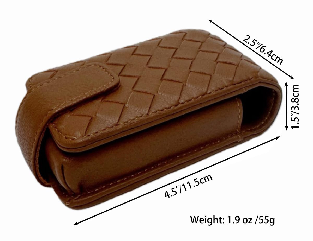 AgentMoon Luxury Handheld Lipstick Pouch with Mirror,Genuine Leather Lip Balm Case with Clamshell Magnetic Hidden Clasp and Hook for Chain.Portable Travel Cosmetic Case for Women.(Light Brown Woven)