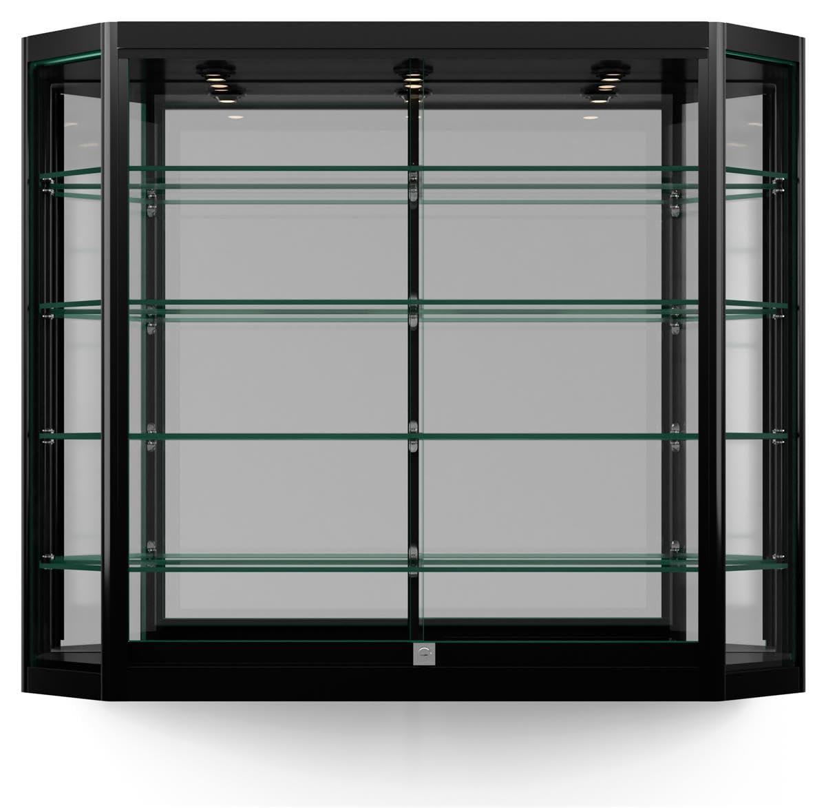Displays2go Glass Display Cabinet with Tempered Glass Shelves - Hanging Wall Store Case with Aluminum Frame for Retail, Home, Office - Black (WC4712LEDB)