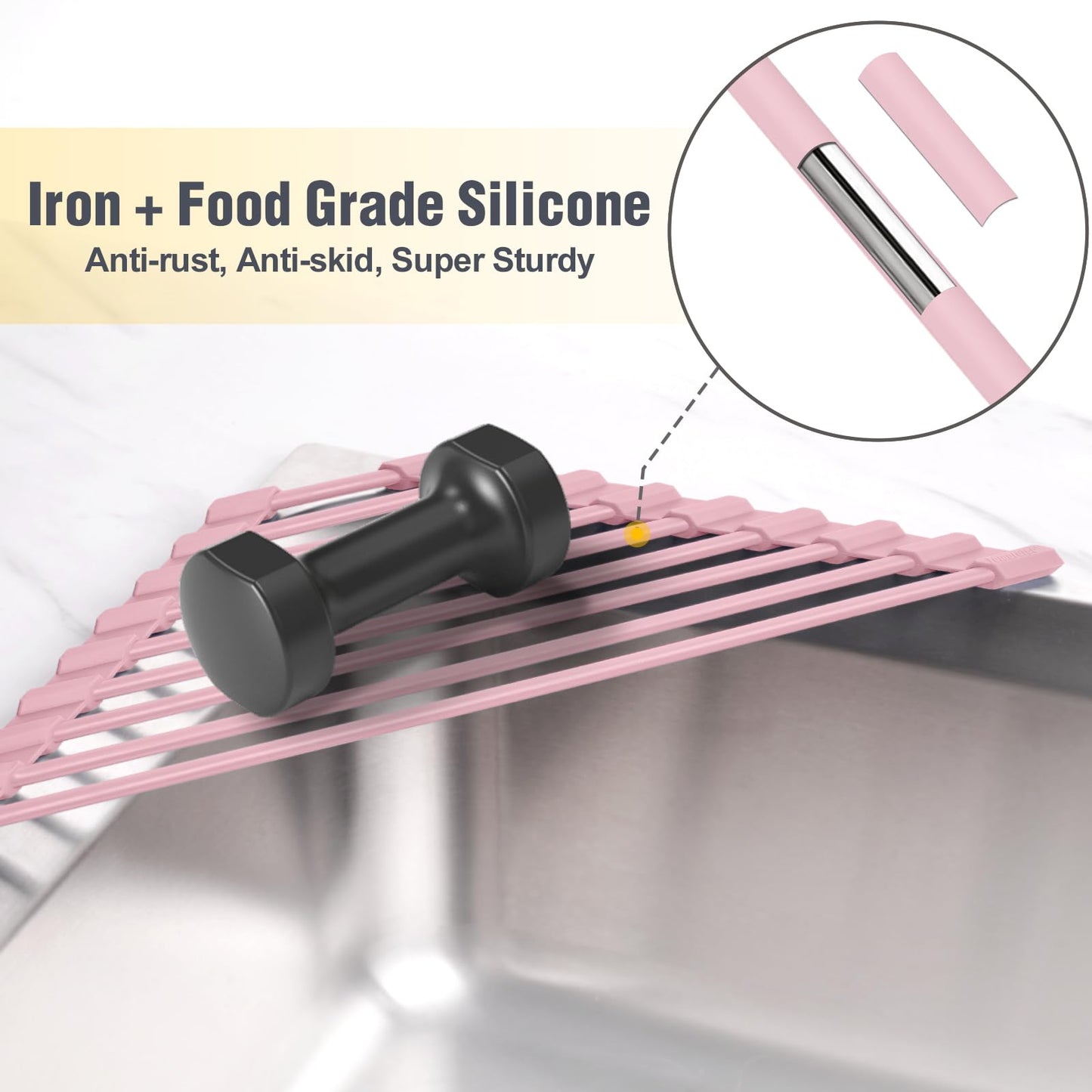 Tomorotec Compact Silicone-Coated Triangle Dish Drying Rack for Sink Corner - Foldable Stainless Steel Over-The-Sink Organizer and Storage Shelf (Pink)