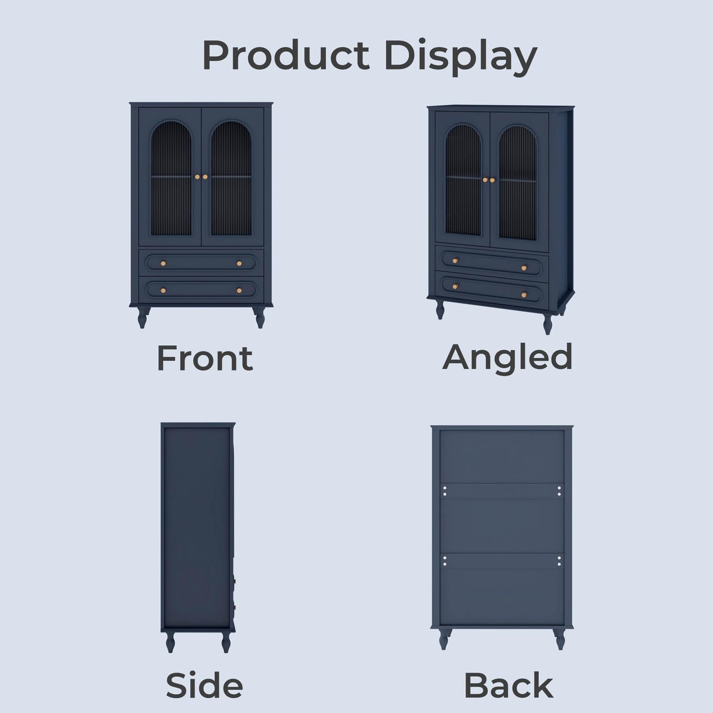 46.5'' Tall Buffet Cabinet with Arched Fluted Glass Doors and Drawers,Modern Accent Cabinet with Solid Wood Legs,Wooden Storage Cabinets for Living Room,Dining Room Hallway Entryway,Navy Blue