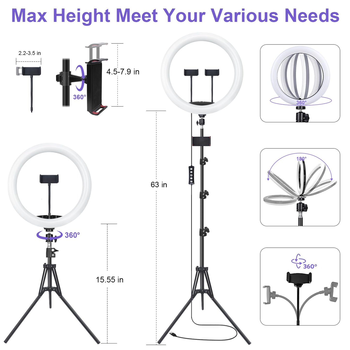 13" Selfie Ring Light with 76" Tripod Stand & 3 Phone Holder, LED Camera Ringlight with 48 RGB Colors Modes & Musical Rhythm Mode and 12 Brightness Dimmable for Makeup/Photography/Videos/Vlog/TikTok
