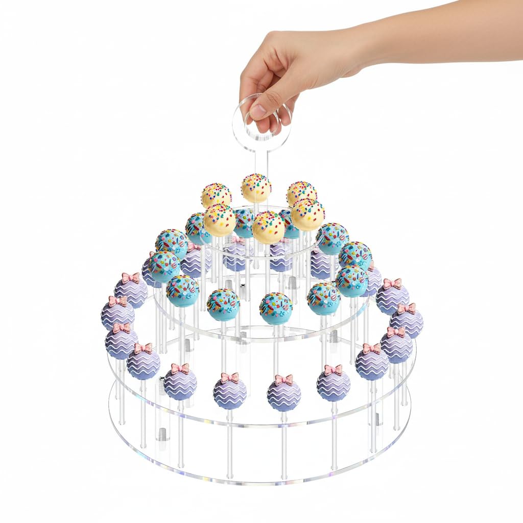 3 Tier Acrylic Lollipop Stand with Handle, 36-Hole Clear Cake Pop Holder with 100 Sticks, 100 Wrappers, 100 Gold Twist Ties, Candy Dessert Display Rack for Weddings, Birthday Parties, Baby Showers