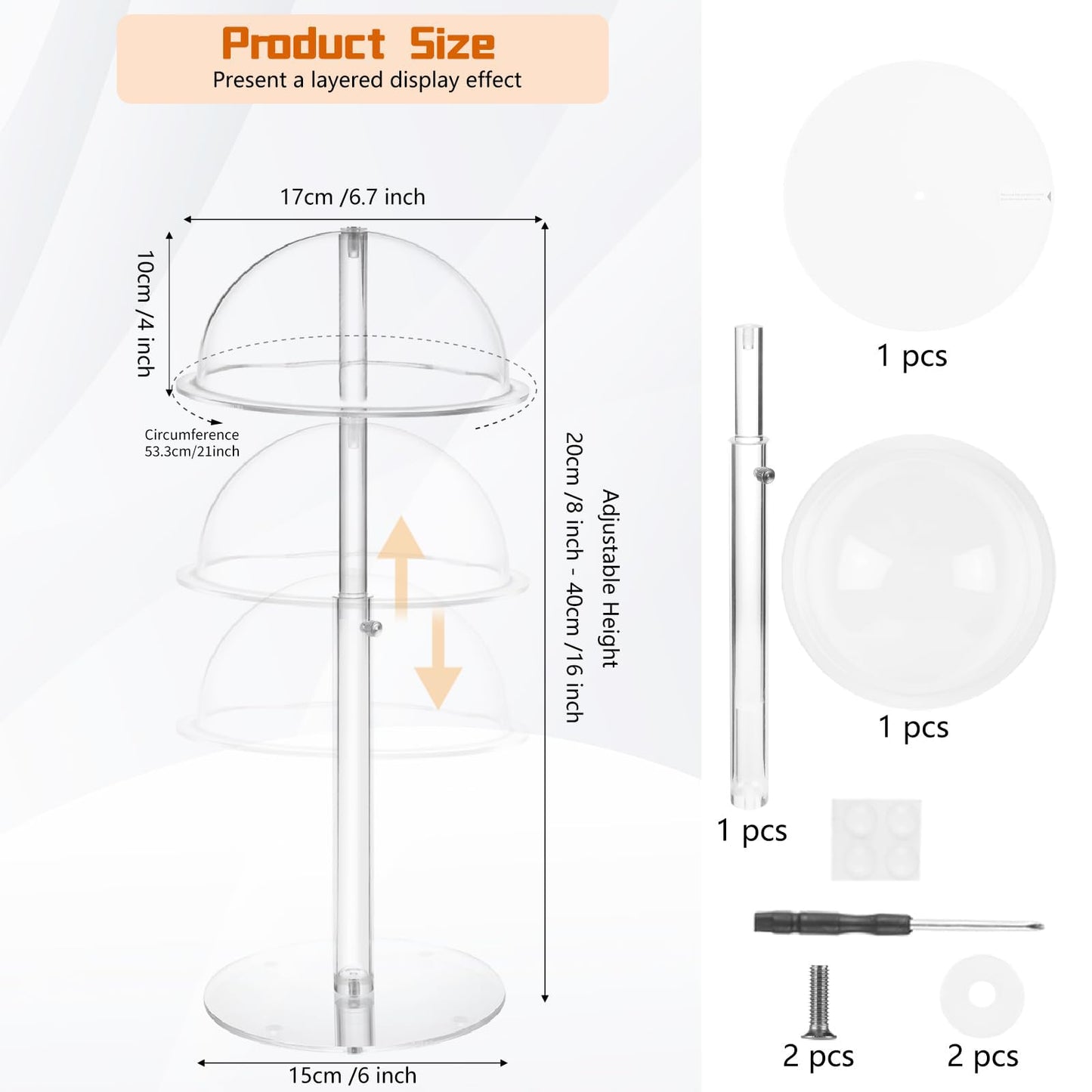 Adjustable Acrylic Hat Display Stand, 8"-16" Clear Domed Baseball Cap Rack, Height Adjustable Cowboy Hats Display, Durable Tabletop Hat Holder and Wig Stand for Closet, Vendors, Counter, Salons
