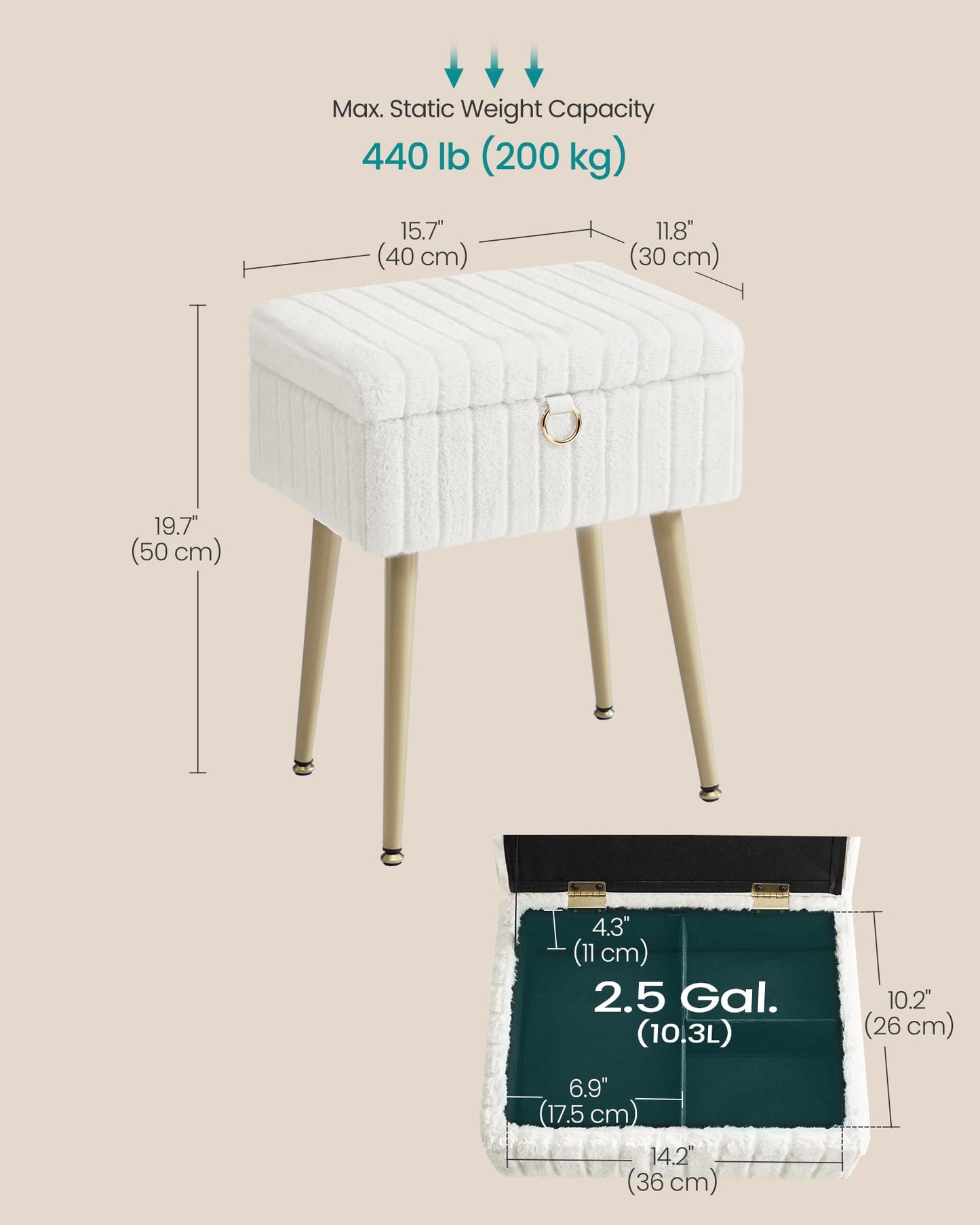 SONGMICS Vanity Stool Chair Faux Fur with Storage, Vanity Bench, Metal Legs, Adjustable Feet, for Living Room, Bedroom, Makeup Room, Cream White ULOM505WZ02