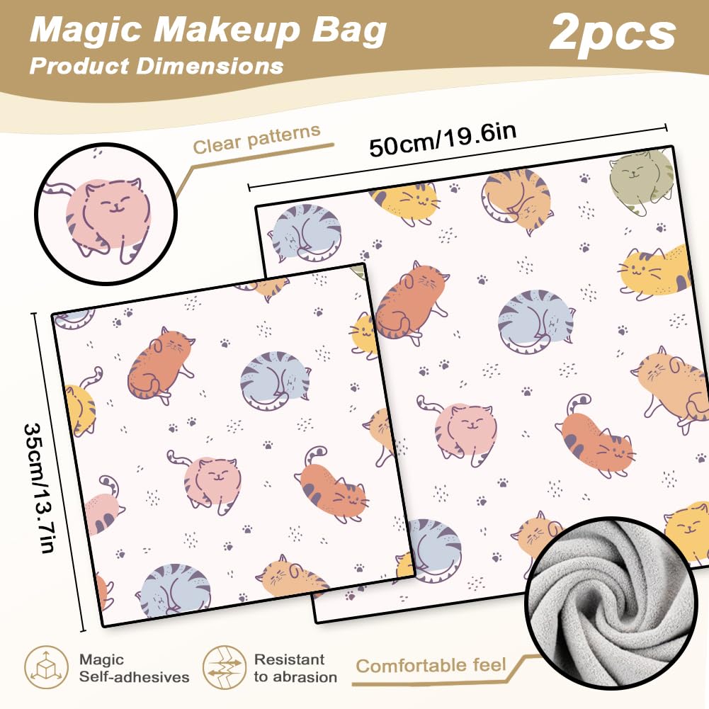 DOODLREAM 2 Sheets Self-Adhesive Magic Cloth Cute Cat Travel Makeup Bag Organizer & Scratch-Resistant Camera Lens Protective Wrap, Reusable Portable Cosmetic Pouch (19.6"x19.6"/13.7"x13.7")