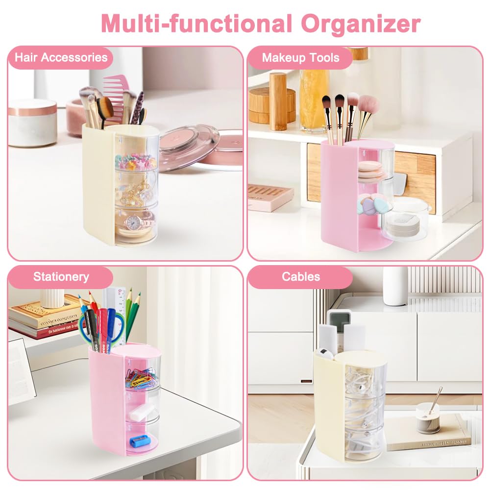 SHAIDOJIO 2Pack Hair Accessories Organizer with Hair Brushes Holder, 3-Tier Rotatable Drawer Makeup Brush Holder Small Jewelry Box with Sticker, Desktop Organizer Case for Girl Clip Earring Necklaces