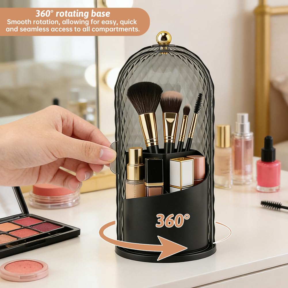 Makeup Brush Holder with Lid, 360 Rotating Dustproof Waterproof Sliding Opening Storage Box, Multifunctional Toothbrush Holder with 3 Compartments for Organized Storage