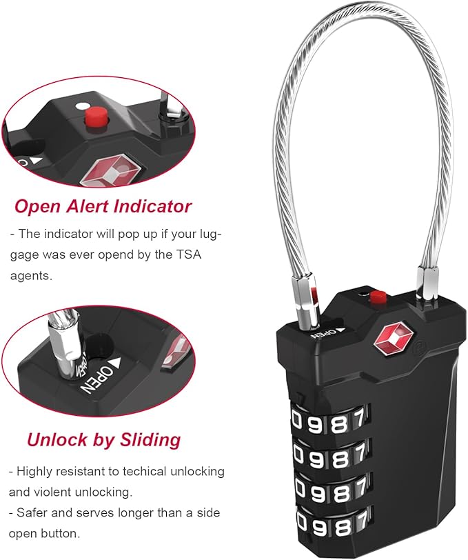 ZHEGE TSA Approved Locks for Luggage, Cable Locks with White Number, 4 Digit Combination Locks with Inspection Indicator for Suitcase, Backpack, Baggage, Code Padlocks for Locker (2 Pack, Black)