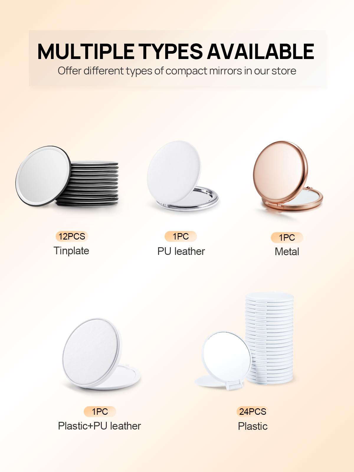 Getinbulk Compact Mirror Bulk, Pack of 6 Double-Sided 1X/2X Magnifying Metal Makeup Mirrors(Round, Rose Gold)