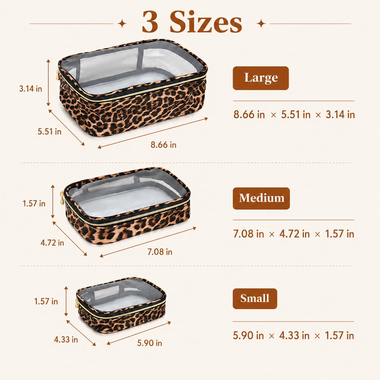 Clear Makeup Bags with Zipper, TSA Approved Travel Toiletry Bag, 3-Pack (Large, Medium & Small) Clear Cosmetic Bag, Waterproof Make Up Bag for Women, Car Bag Organizer & Car Organization Essentials