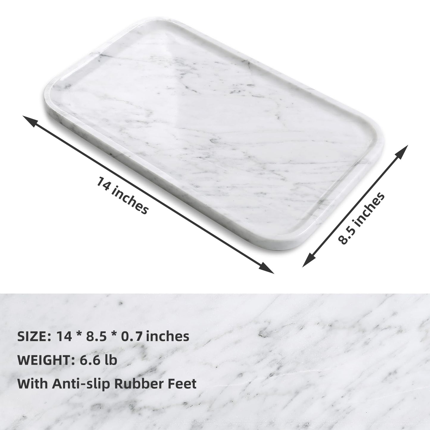Yew & Tulip 14" x 8.5" Natural Marble Tray for Kitchen, Bathroom, Living Room – Serving/Decorative Vanity Tray for Jewelry, Candles, Decor (Carrara White)