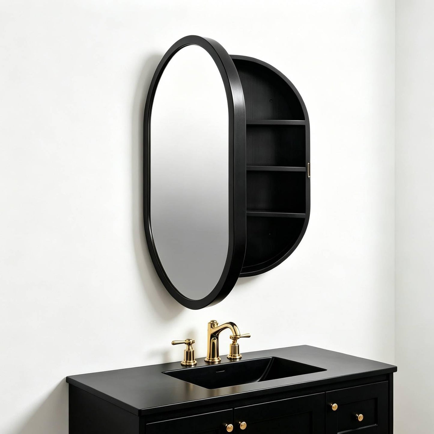 CHER-BUEATY Medicine Cabinet Oval Bathroom Mirror Solid Wood Cabinets Wall Hanging Mirror Surface Wall Mounted Solid Wood Circular Frame 4 Level 19.7 X 30.7 inch(Style B, Black)