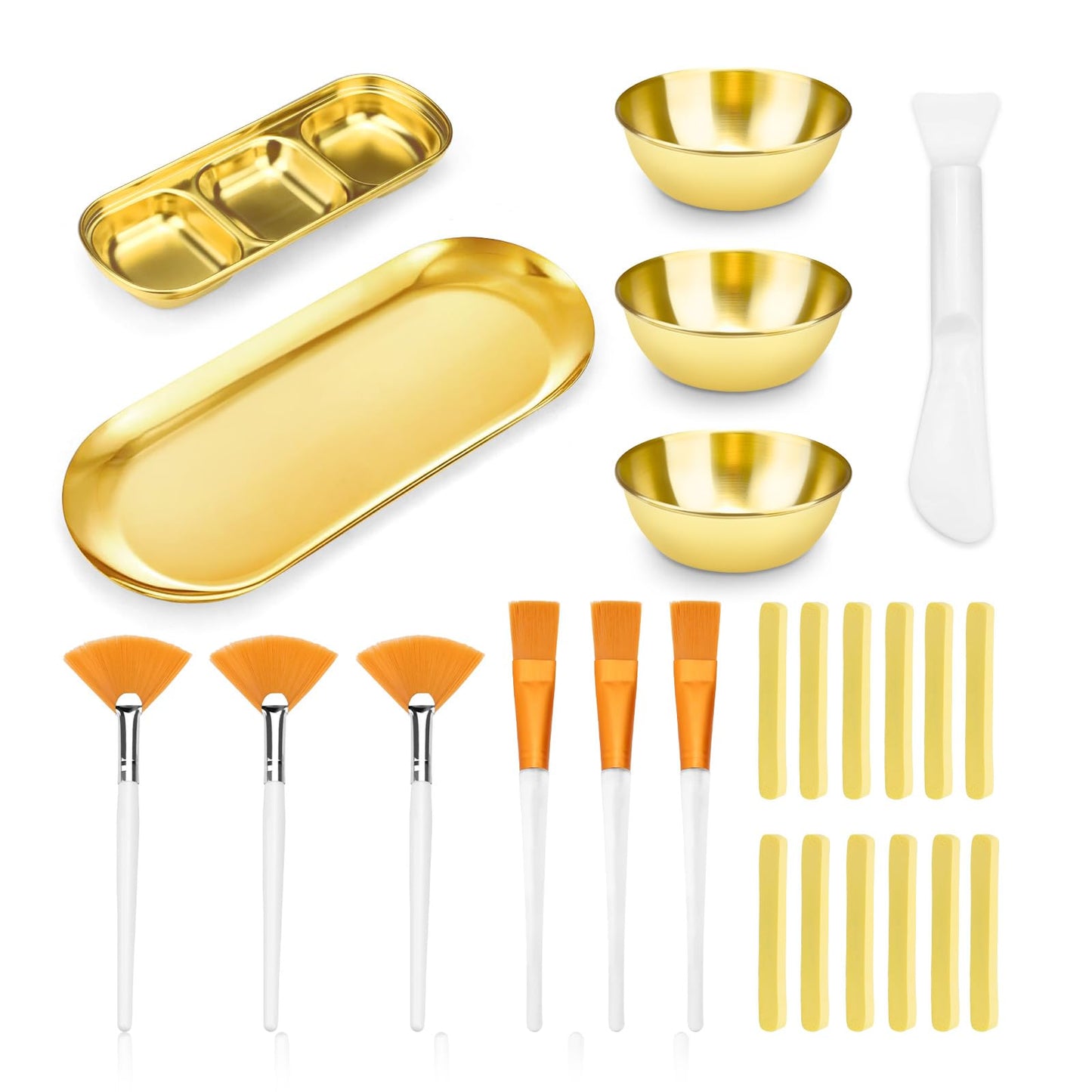 24 Pieces Facial Bowls and Brushes Set for Esthetician Supplies, Flat & Fan Brush for Facial with Mixing Bowls, Serving Tray, Spatula & Compressed Sponge, Face Applicator Tool (Gold, White and Yellow)