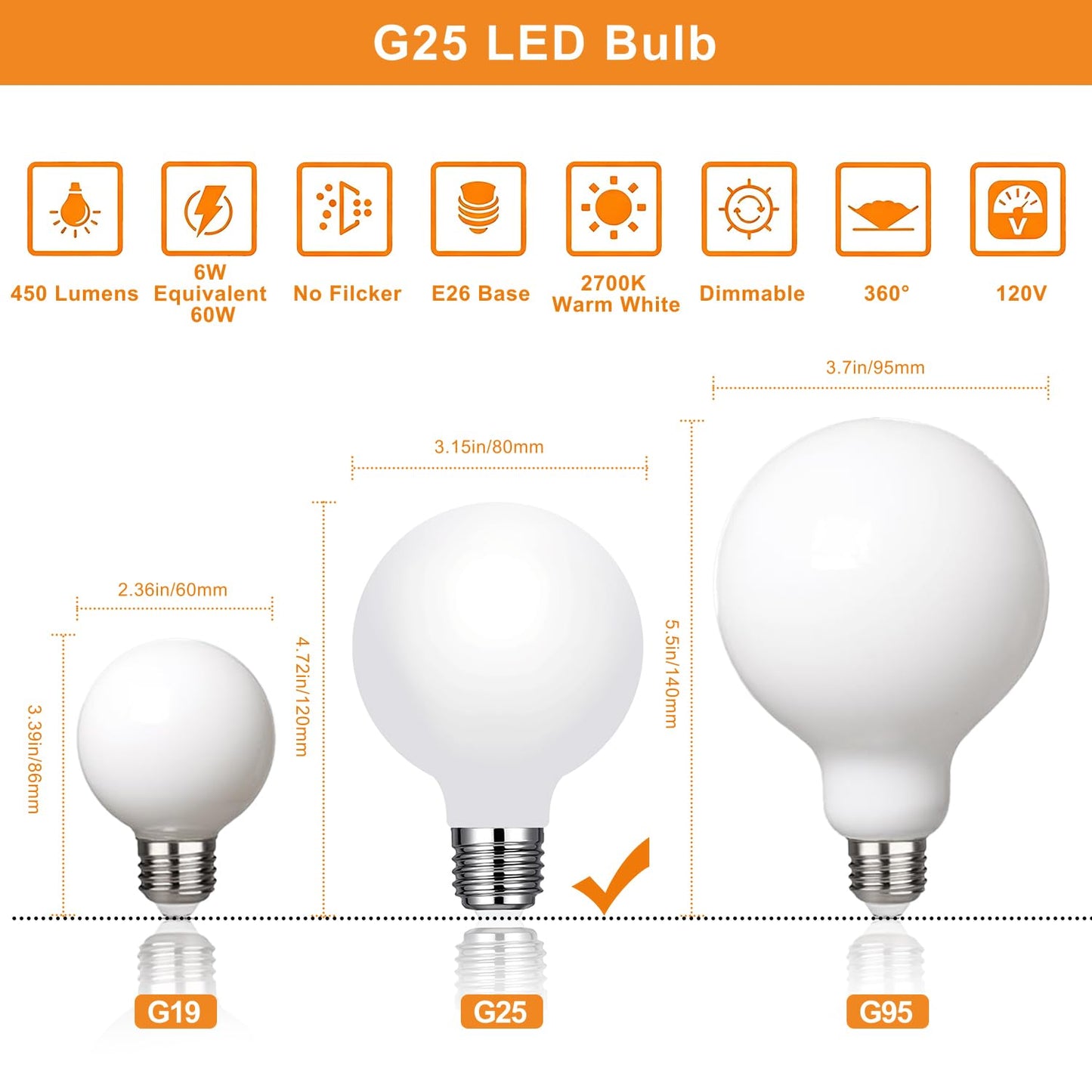 Vinaco Glass LED G25 Globe Light Bulbs 60W Equivalent, G25 Dimmable 2700K Warm White Round Frosted Vanity Light Bulb for Bathroom Mirror and Chandelier, 6 Pack Milky Frosted G 25 E26 Bulb with 450LM