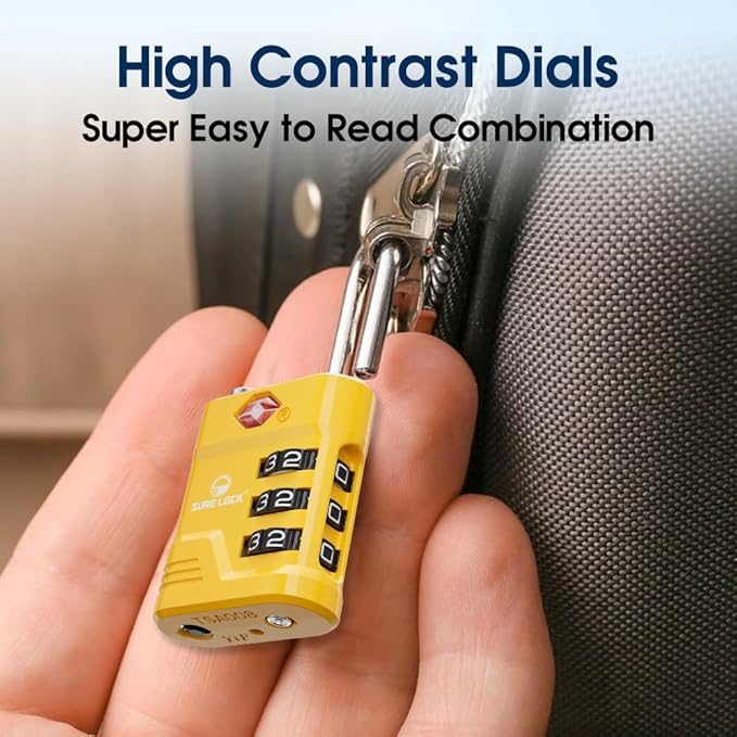 SURE LOCK TSA Locks for Luggage, TSA Approved Luggage Locks with Open Alert, 008 Key for High Security, Easy Read Dials, Zinc Alloy Body, Locker Lock for Suitcase, Gym, Travel. (Yellow 1 pk)