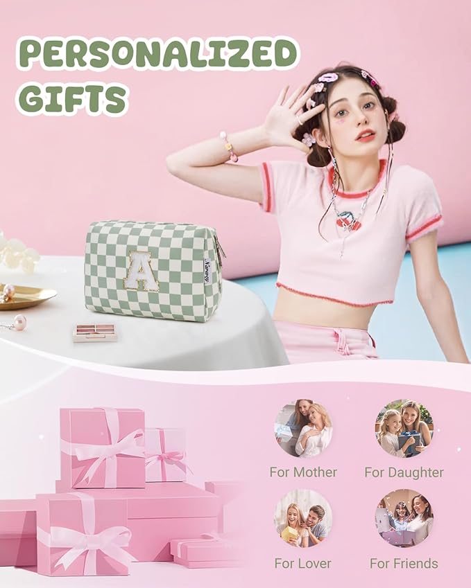 Narwey Christmas Gifts Initial Makeup Bag for Teen Girls Kids Trendy Stuff 6 8 10 11 12 13 14 16 18 Years Old, Personalized Monogram Cosmetic Toiletry Bag, Birthday Gifts for Women Tween (Green A)