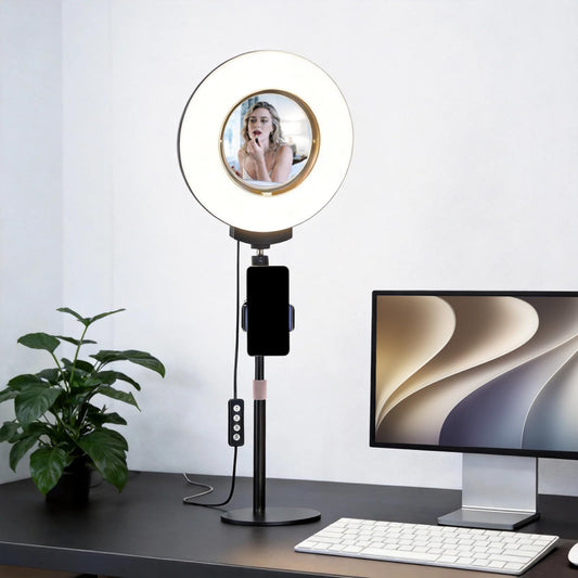 Noveralux Desk Ring Light with Mirror & Stand, 4" HD Makeup Mirror 360° Rotatable,10W Dimmable LED Desk Lamp with Phone Holder & Stand,for Live Streaming,Makeup,Video,Zoom Call,Vlogging,TikTok