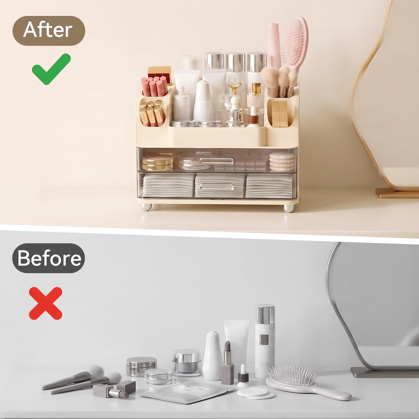 Brothersbox Makeup Organizer for Vanity with 2 Large Drawers and 6 Brush Holders, Large Bathroom Countertop Cosmetic Storage for Skincare, Lipstick, Nail Polish, Perfume, Gift for Women, Cream
