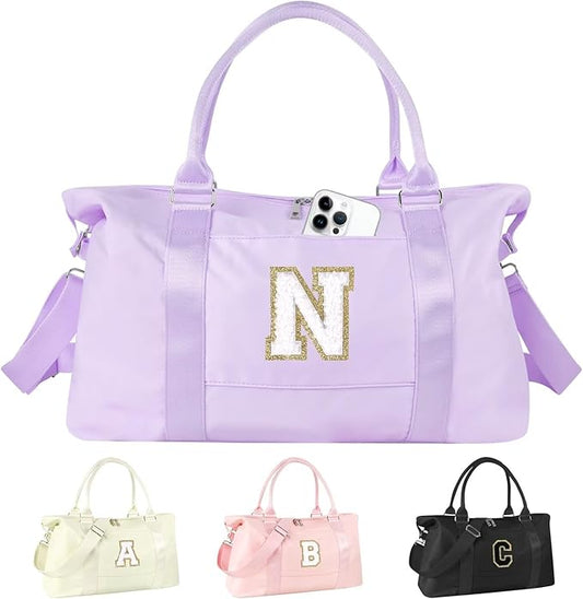 Dance Gym Duffel Bag for Teen Girls, Personalized Initial Travel Weekender Bag,Cute Overnight Carry On Duffle for Women,Sports Travel Cheer Bag,Monogram Christmas Gifts for Tween Preppy(purple-N)