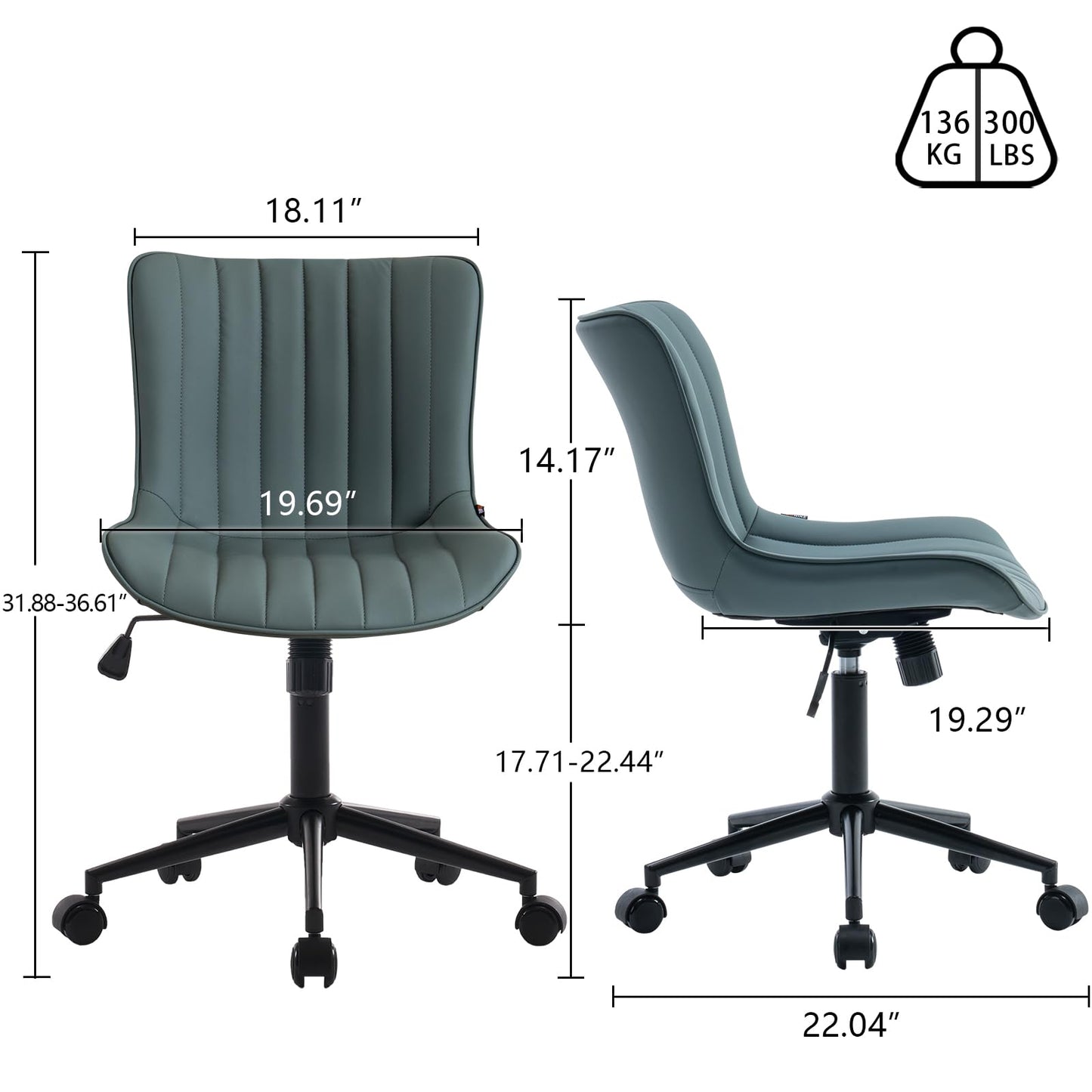 YOUNIKE Ergonomic Armless Office Chair Faux Leather Small Cute Desk Chair with 12° Rocking Back Adjustable Height Swivel Vanity Chair Compact Computer Rolling Task Chair for Small Spaces Greyish Green