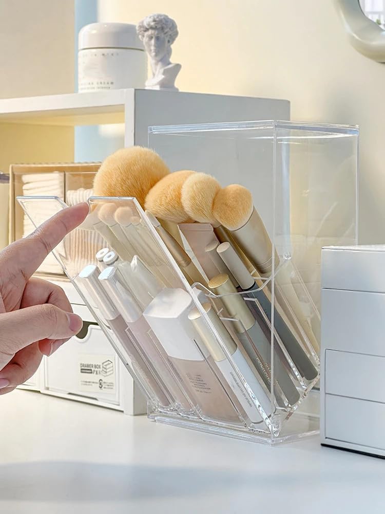 Singring Makeup Brush Holder Organizer with Lid, Acrylic Dustproof Makeup Brush Storage Box, Cosmetic Make Up Brush Container for Vanity, Bathroom