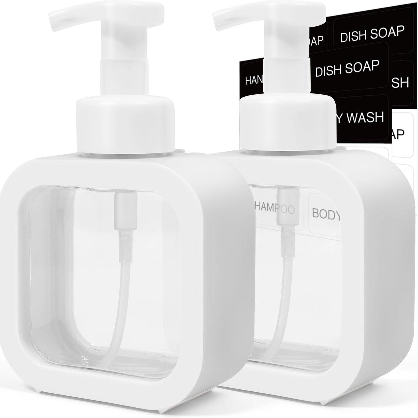 SVLX YIXVN Foaming Soap Dispenser, 2 Pack 300ml (10oz) Plastic Refillable Foaming Hand Soap Dispenser with 16 Pcs Waterproof Labels, Foam Pump Bottle for Bathroom and Kitchen (White)