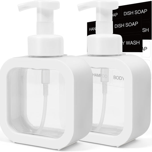 SVLX YIXVN Foaming Soap Dispenser, 2 Pack 300ml (10oz) Plastic Refillable Foaming Hand Soap Dispenser with 16 Pcs Waterproof Labels, Foam Pump Bottle for Bathroom and Kitchen (White)