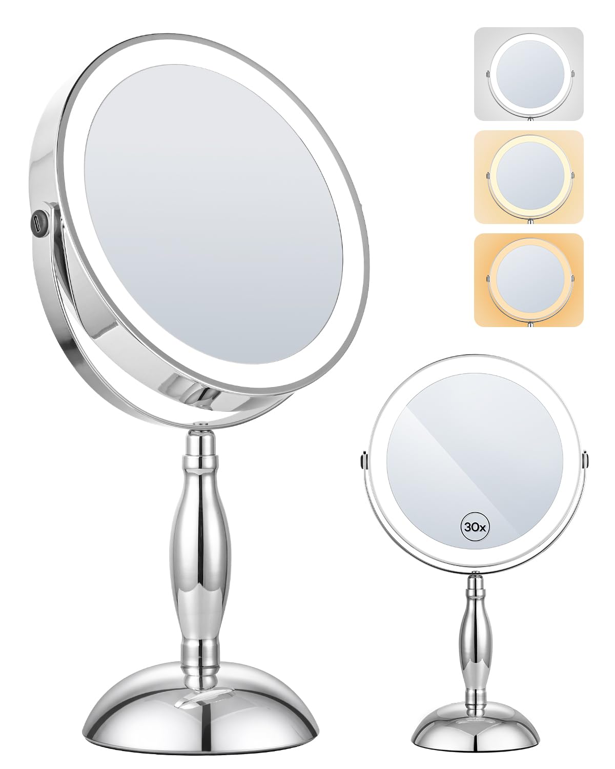 30x Lighted Makeup Mirror with Lights, 8" Double Sided Magnifying Mirror with 3 Color Modes Adjustable Brightness, 5000mAh Rechargeable, 360° Rotation, Side Touch+Side Charging, Vanity Mirror-Chrome