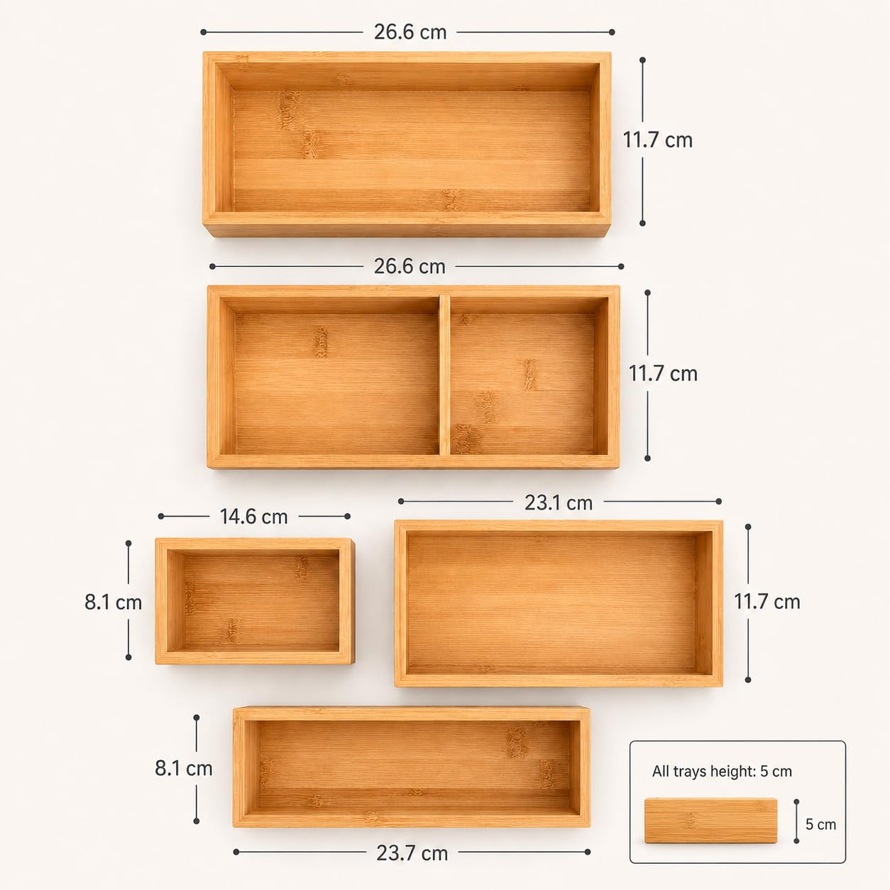 THE SHI ENERGY 5-Piece Bamboo Drawer Organizer Set – Versatile Storage Trays for Kitchen, Bathroom, Office, Makeup, Jewelry & More – Drawer Dividers, Utensil Organizer & Storage Bin Set (5 Pieces)