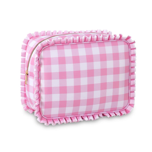 EMBRUNIOICE Gingham Ruffle Makeup Bag,Large Travel Cute Cosmetic Bag for Women Girls,Toiletry Bag Make up Organizer 10.8 x 4.5 x 8 inch (Pink Gingham)
